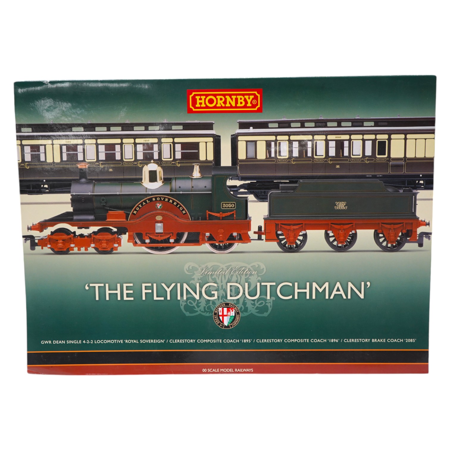 a Hornby hobbies 00 gauge railway the flying Dutchman train pack, R2706, comprising of a GWR 4-2-2 locomotive, Royal Sovereign, and three clerestory coaches. Condition - good.